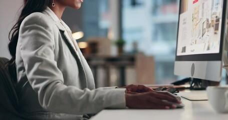 Leinwandbilder - Computer, keyboard and hands of business woman typing for SEO research, internet search and review website. Office, corporate and person at desk on pc for online project, web design and working
