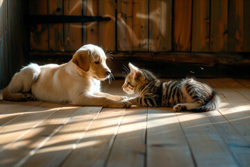 a cat and a dog looking at each other