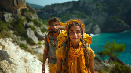 Wall Mural - a man and a woman are hiking up a mountain next to a body of water