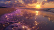 A dreamlike scene unfolds on a serene beach, where surreal purple diamonds scatter across the sand, shimmering under a twilight sky, blending fantasy with reality.