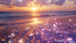 A dreamlike scene unfolds on a serene beach, where surreal purple diamonds scatter across the sand, shimmering under a twilight sky, blending fantasy with reality.
