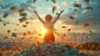 A woman on a pile of money, arms up, happy gesture