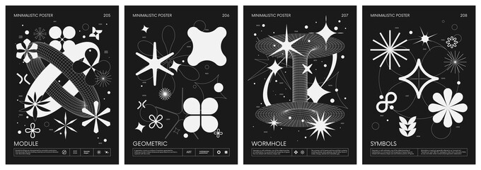 Leinwandbilder - Black and White minimalistic Posters acid style with strange wireframes geometrical shapes and silhouette y2k basic figures, futuristic design inspired by brutalism, set 52