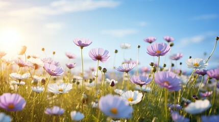 Colorful natural flower meadows landscape with blue sky in summer. Habitat for insects, wildflowers and wild herbs on a flower field. Background panorama with short depth of focus and space for text