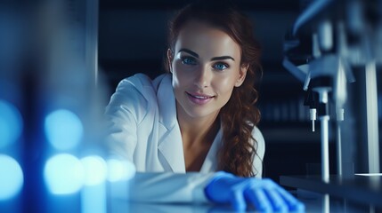 Wall Mural - Happy lady laboratory worker holds tube with blue liquid ready to examine under microscope. Positive woman in lab coat looks in camera smiling