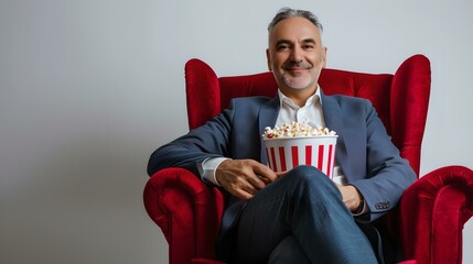 Poster - Relaxed man in suit enjoys popcorn on red armchair. casual corporate break concept. lifestyle portrait, comfortable setting. AI