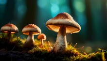 Fantasy Enchanted Fairy Tale Forest With Magical Mushrooms. Beautiful Macro Shot Of Magic Mushroom, Fungus. Magic Light Generative Ai