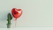 Minimalistic red heart balloon beside cactus, conceptual contrast image for emotion and nature. simple and clean style photo. AI