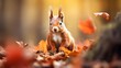 Squirrel red fur funny pets autumn forest on background wild nature animal thematic