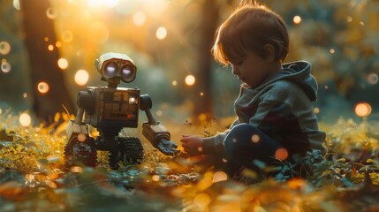 Canvas Print - A little boy playing with a toy robot in the grass