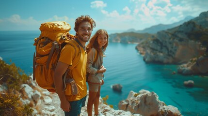 Wall Mural - a man and a woman are standing on top of a mountain overlooking the ocean