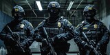 Fototapeta  - SWAT team concept with federal government agents ready to enforce law and order to protect democracy by any means necessary - armed agents with firearms