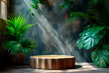 Wall Mural - Original beautiful background image for presentations product with natural composition .wooden pedestal and green twigs against wall with shadow of tropical leaves