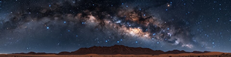 Wall Mural - Vast Night Sky Over Desert Sands with Milky Way Galaxy Stretching Across the Horizon