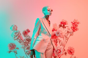 Wall Mural - Minimal full body portrait of an albino woman wearing fashionable pastel suit with flowers. Creative love concept