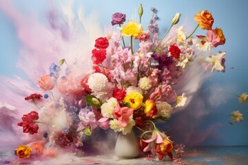 Wall Mural - Cloud creative love concept of fresh Spring flowers in the sky background. Love, happy Valentine's Day an exploding bouquet