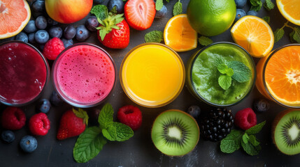 Freshly blended fruit smoothies of various colors and tastes in glasses surrounded by fresh fruits and berries. Yellow, red, green. Top view, flat lay.