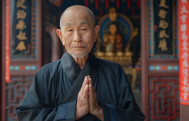 An old Chinese abbot faces the camera with his hands clasped in front of the camera, standing next to the merit box in the background of the temple. generative AI