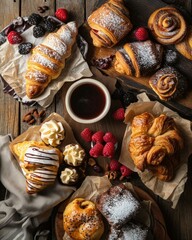 Wall Mural - Various pastries and coffee on wooden table. Generative AI.