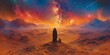 Surreal desert landscape bathed in cosmic light, with a lone monolith standing as a testament to the majesty and mystery of the universe beyond our world