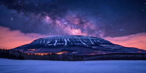 Wall Mural - Majestic Snow-Covered Mountain Under Purple Night Sky with Visible Milky Way