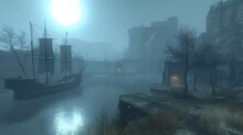 Fog-Enshrouded Harbor With A Sailing Ship Moored Beside Lantern-Lit Docks, A Moon Glow Piercing The Mist