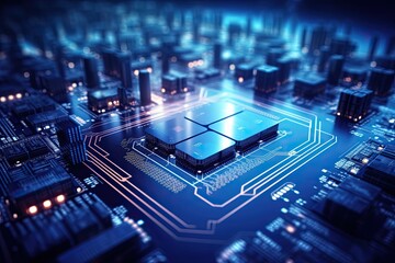 Information Technology - Futuristic Illustration of Motherboard Integrated Circuit and Tech Icons