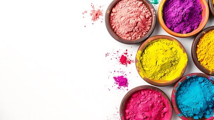 top view of colorful traditional holi powder in bowls isolated on white