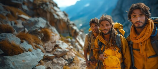 Wall Mural - Group of men traveling through a scenic natural landscape