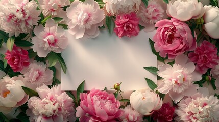  white paper for copy space surrounded by beautiful pink peonies in bloom