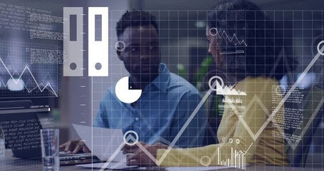 Animation of data processing and diagrams over diverse colleagues discussing work