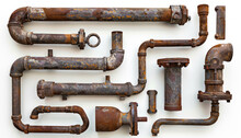 Old Weathered Pipes, Metal Metal Pipes, Rusty Pipes, Overhead Photo Of Weathered Pipes, Rusty Old Pipes
