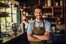Happy Barista In A Charming Coffee Shop: Creating A Welcoming Environment With A Big Smile