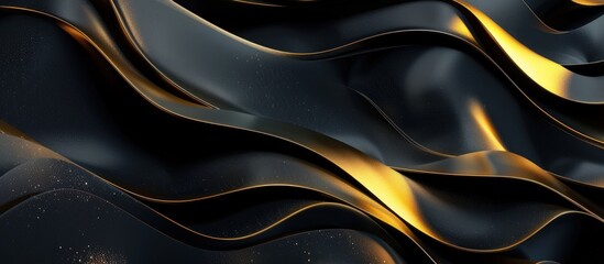 Wall Mural - 3D abstract wavy golden and black texture color background. AI generated image