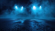 A Dark Empty Street, Dark Blue Background, An Empty Dark Scene, Neon Light, Spotlights The Asphalt Floor And Studio Room With Smoke Float Up The Interior Texture. Night View