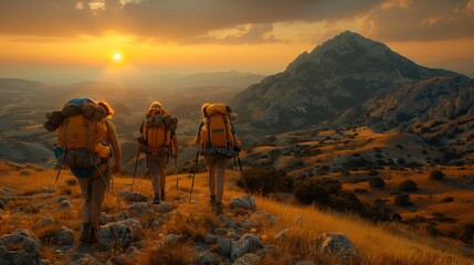 Wall Mural - Group hiking up mountain at sunset, admiring natural landscape and colorful sky