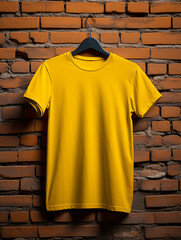 Wall Mural - Blank yellow t-shirt against wooden background