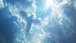 The image depicts a serene and ethereal scene of a white, angelic figure, possibly a dove or an angel, with outspread wings against a backdrop of fluffy clouds and radiant blue skies.