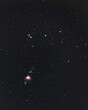 The Constellation Orion. Orion's Belt shining bright in the dark night sky. The Orion Nebula and the Flame Nebula are both visible as well as the running man and horsehead nebula being barely seen.