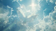 The image depicts a serene and ethereal scene of a white, angelic figure, possibly a dove or an angel, with outspread wings against a backdrop of fluffy clouds and radiant blue skies.