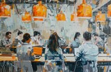 Fototapeta  - abstract oil painting digital of a group of people working in an office with laptops