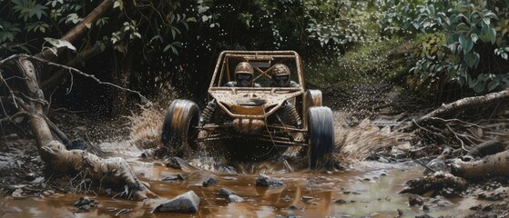 A buggy rides at through the jungle. Extreme. Splashes, dirt, branches, stones. Off-road racing. Auto-sport. Generative ai. Jungle. Sport