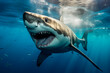A great white shark swims with its mouth open, revealing sharp teeth, in the deep blue ocean.