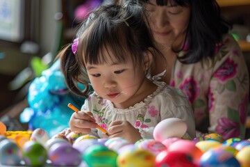 A tender moment as a mother guides her young daughter in painting colorful Easter eggs, symbolizing family bonding and the joy of springtime traditions