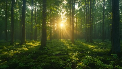  Panoramic photo of morning light in a green forest
