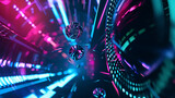 Fototapeta Przestrzenne - Abstract colorful neon glowing light tunnel art background. Speed light illuminated Curvy moving line shape. 3D render