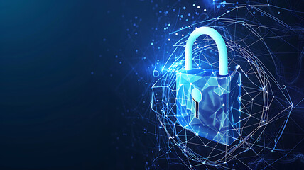 digital padlock with virtual screen on dark background with copy space. cyber security technology for fraud prevention and privacy data network protection concept