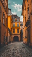 Wall Mural - a narrow street with buildings and a person walking