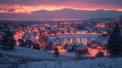 Canvas Print - a snow covered town with a lake and mountains in the background