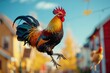a rooster is jumping and singing in the middle of a village